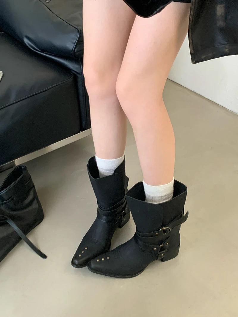 Aiertu    -  Black Chunky Heels Ankle Boots Woman Pointed Toe Rivet Fall Shoes Belt Buckle Western Style Cowboy Boots Zapatos Mujer Aiertu