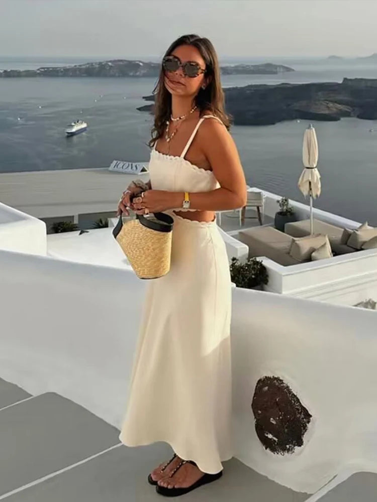 Aiertu  -  Sexy Hollow Out Sling Midi Dress Women Casual Pleated Square Collar Sleeveless A-line Female Dresses Summer Lady Vestidos Aiertu