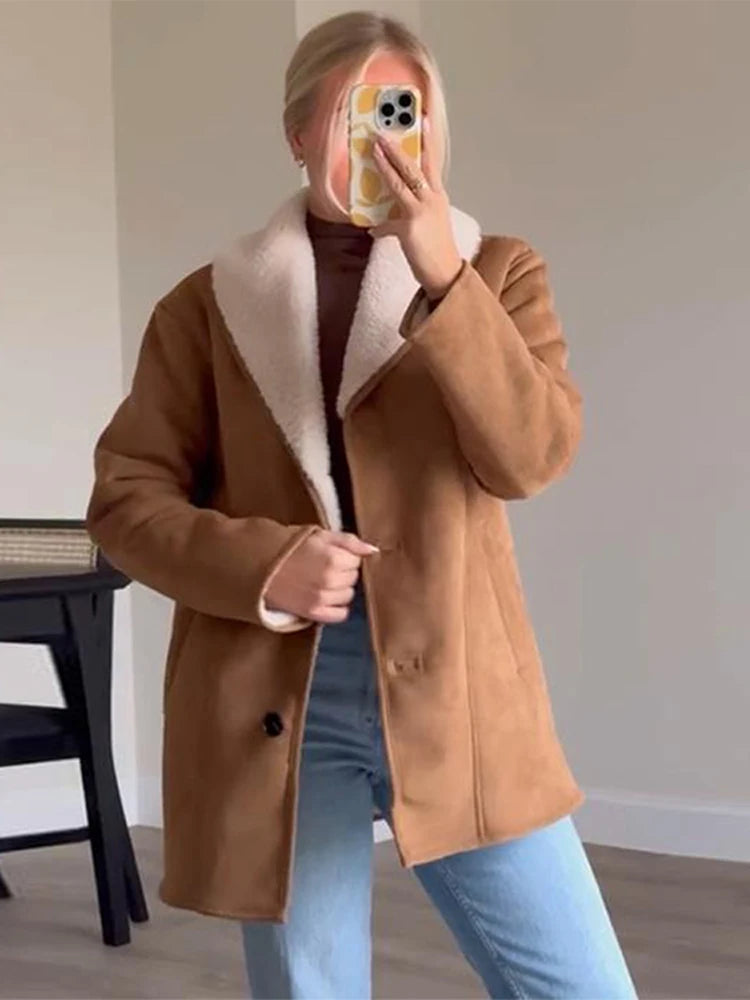 Aiertu  -  Fashion Solid Lapel Women Jacket Lamb Wool Full Sleeve Lady Coat Autumn Winter Warm Thicken Vintage Loose Female Outwear Aiertu