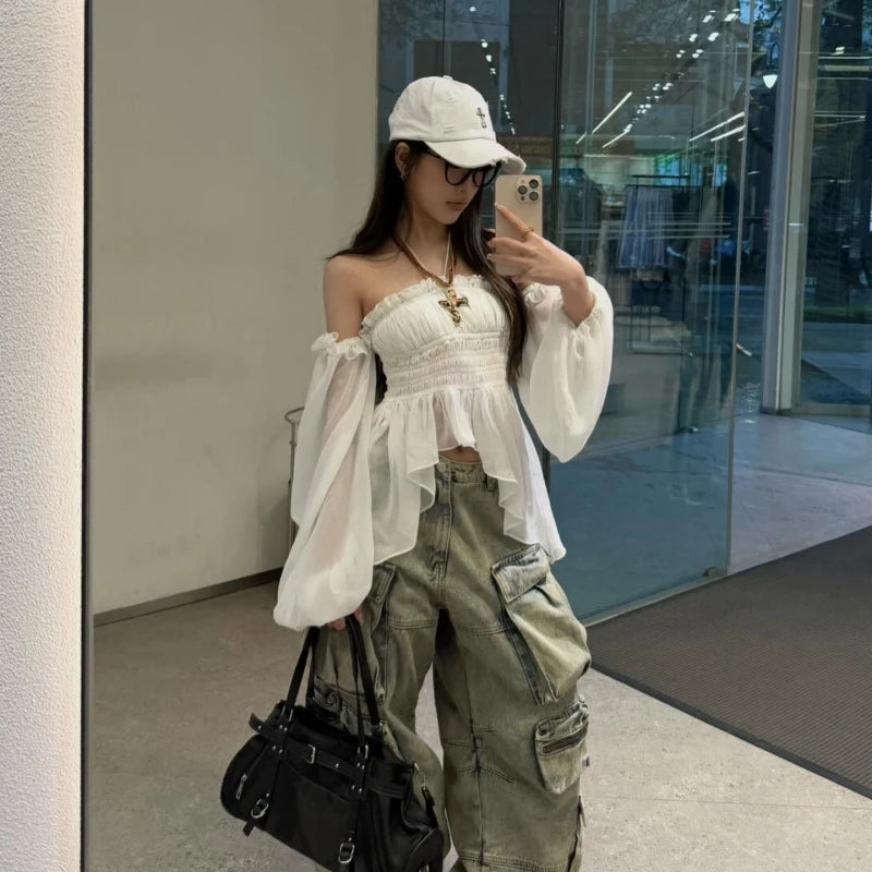Aiertu  Off Shoulder Ruffles Sexy Lantern Long Sleeve Halter Backless Fashion All-match Crop Tops Y2K Summer Streetwear Blouses Aiertu