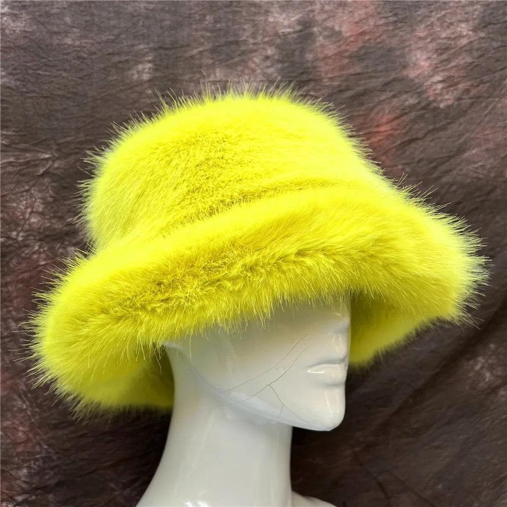 Aiertu  -  Autumn Winter Women Keep Warm Rainbow Faux Fox Fur Basin Cap Female Fashion Casual Party Bucket hat Music Festival Thickened Hat Aiertu