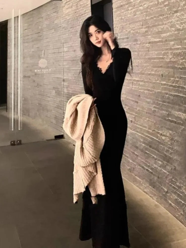 Aiertu  -  Elegant Black Lace Mermaid Dress for Women V-neck Long Sleeve Party Prom Robe Autumn Slim Evening Vestidos Mujer Fashion Clothes Aiertu