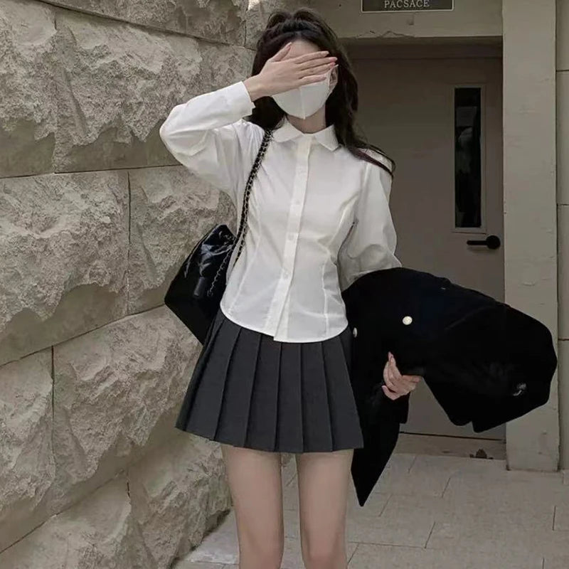 Aiertu Women's White Shirt Korean Preppy Style Long Sleeve Turndown Collar Blouse School Girl Uniform Student Slim Shirts Aiertu