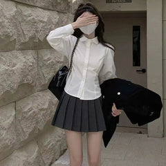 Aiertu Women's White Shirt Korean Preppy Style Long Sleeve Turndown Collar Blouse School Girl Uniform Student Slim Shirts Aiertu