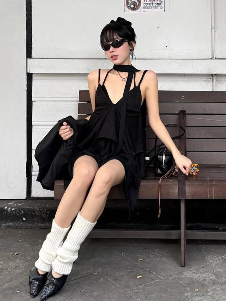 Aiertu  -  Street Woman 2 Piece Set Sexy Frenulum Bra+v-Neck Dress Lace-Up Sleeveless Midnight Cool Backless Hottie Matching Suit Aiertu