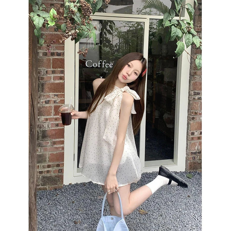 Aiertu Sweet Dot Shirts Women Elegant Bow Bandage Blouses Vintage Halter Print Tops Summer Korean Sleeveless Casual Clothes New Aiertu
