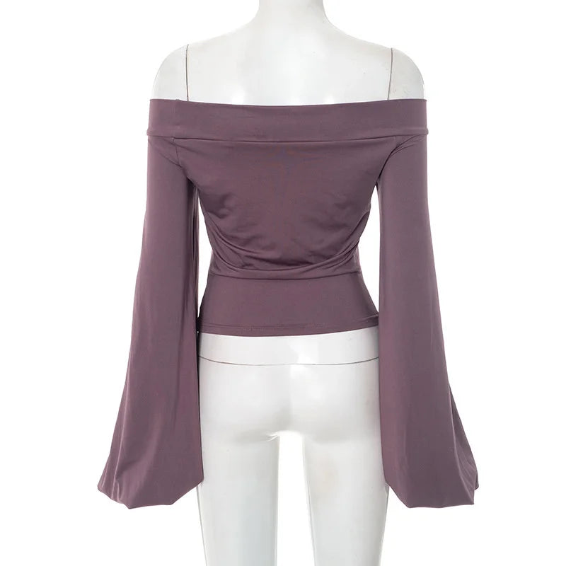 Aiertu  -  Off-Shoulder Slim Sexy T-shirt Tops Hollow Out Long Sleeve Patchwork Solid Fashion Elegant New Fema T-shirt Tops 2025 Aiertu