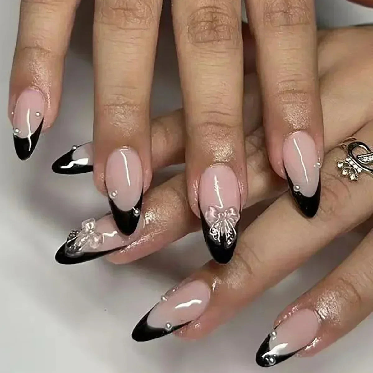Aiertu 24Pcs Pink Almond French Press on Nails With 3D Bow ripple charms Design Fake Nails Ballerina False Nails Full Cover Nail Tips Aiertu