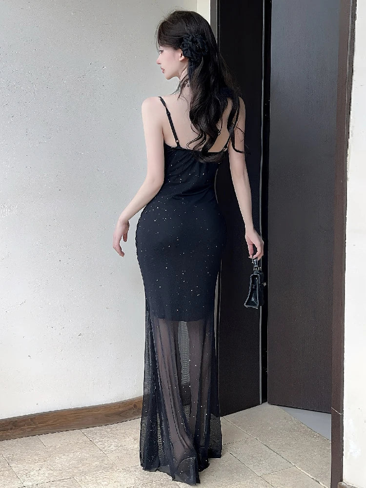 Aiertu  -   Sexy Shiny Mesh Suspender Evening Dresses Women 2025 Summer Temperament Slim Fit Waist Fishtail Party Long Dress Robe Aiertu