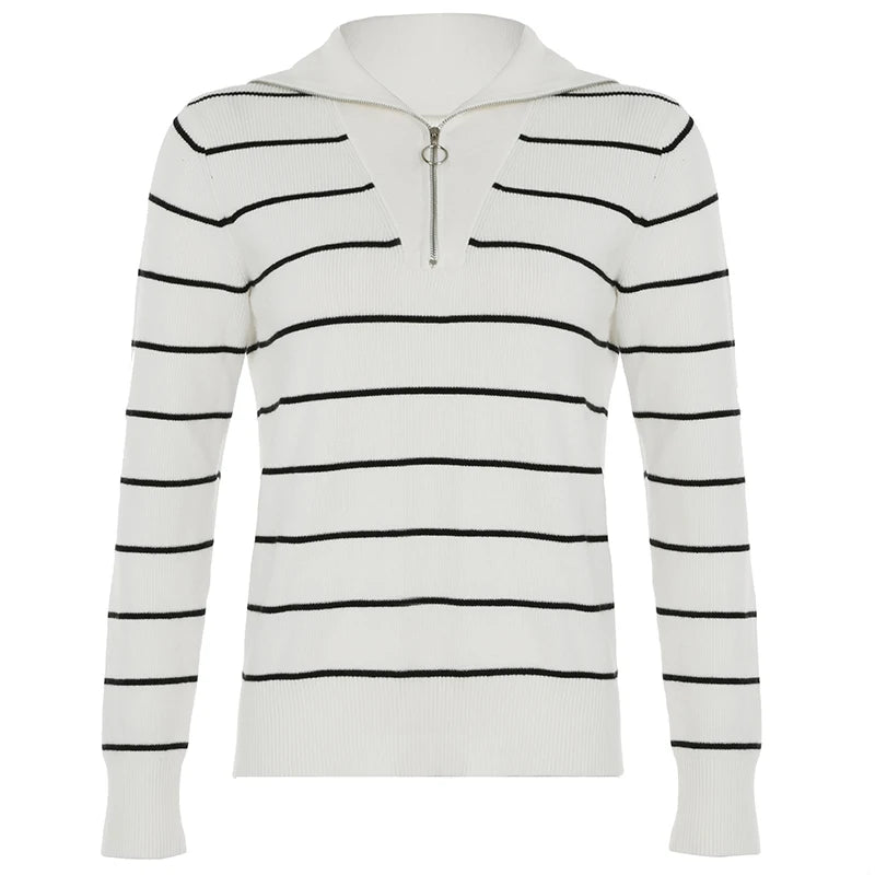 Aiertu  -  cold weather outfits Women Casual Striped Sweater Turndown Collar Zipper Knitted Long Sleeve Jumper Fashion Ladies Minimalism Knitwear Top Aiertu
