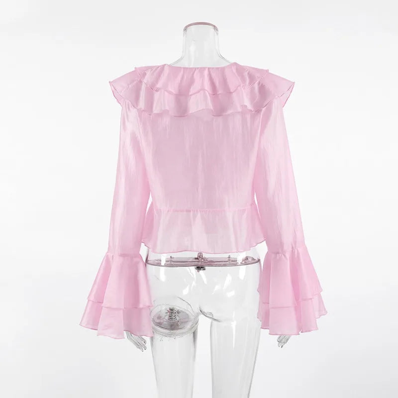 Aiertu  Summer Ruffle Short Tshirts Ladies 2025 Fashion V Neck Long Sleeve Shirts Party Casual Vacation Pink Top Women's Clothes Aiertu