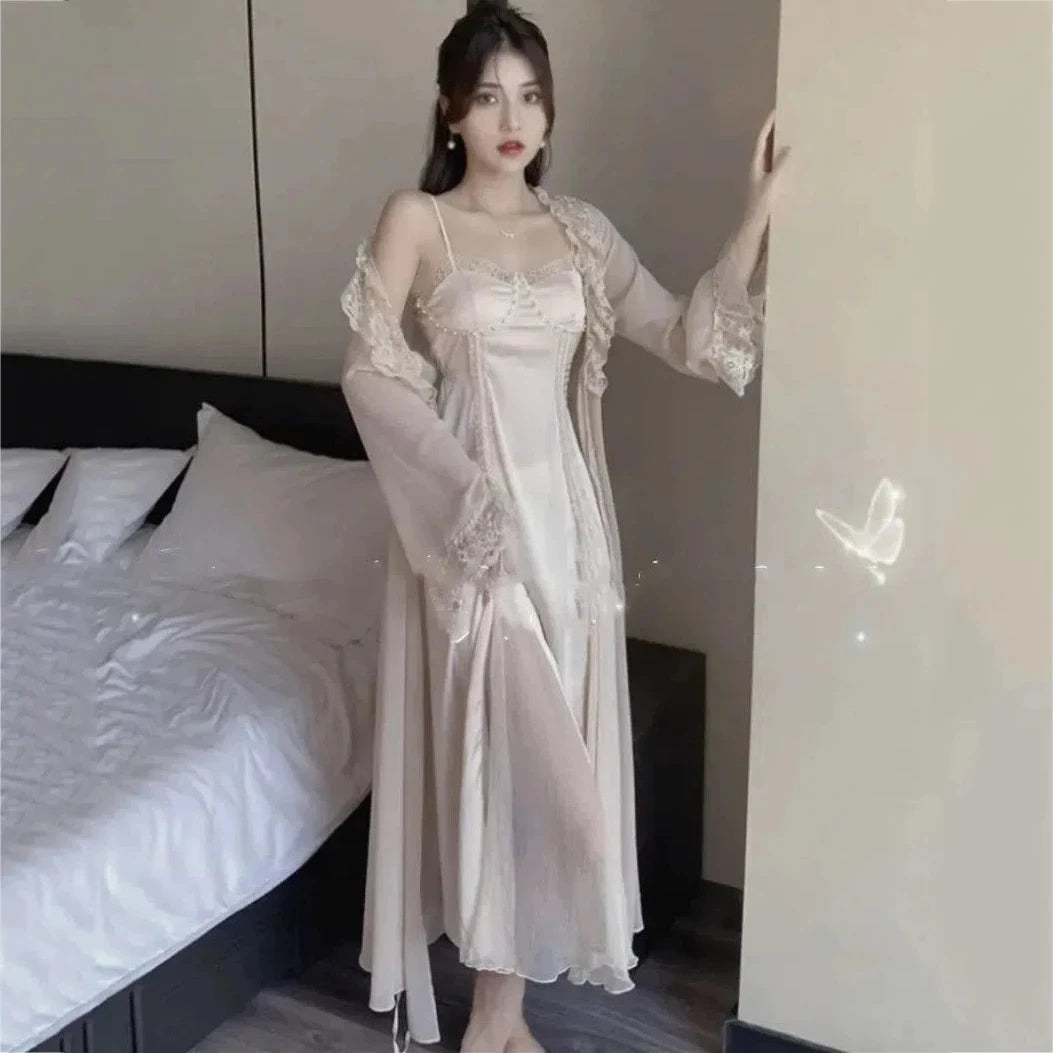 Aiertu  -  layered look inspo Female Long 2PCS Nighty&Robe Sleepwear Set Sexy Long Lace Trim Bathrobe Gown Suspender Nightdress Summer Loose Satin Home Wear Aiertu