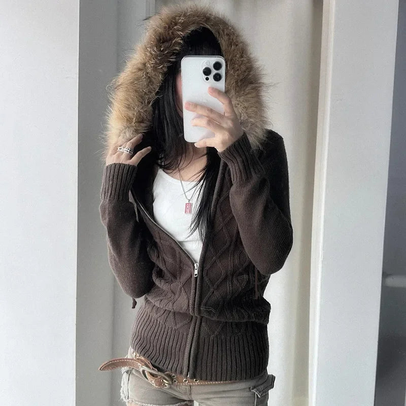 Aiertu  -  Vintage American High Street Zip Up Knitted Cardigan Sweaters Simple French All Match Lazy Women Jumpers Y2k Aesthetic Clothes Aiertu