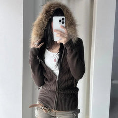 Aiertu  -  Vintage American High Street Zip Up Knitted Cardigan Sweaters Simple French All Match Lazy Women Jumpers Y2k Aesthetic Clothes Aiertu