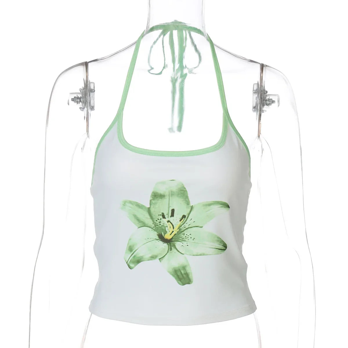 Aiertu  -  Woman Clothes Halter Off Shoulder Camisoles Y2K Girls Clothes Green White Patchwork Floral Print Corset Lace-up Skinny Crop Tops Aiertu