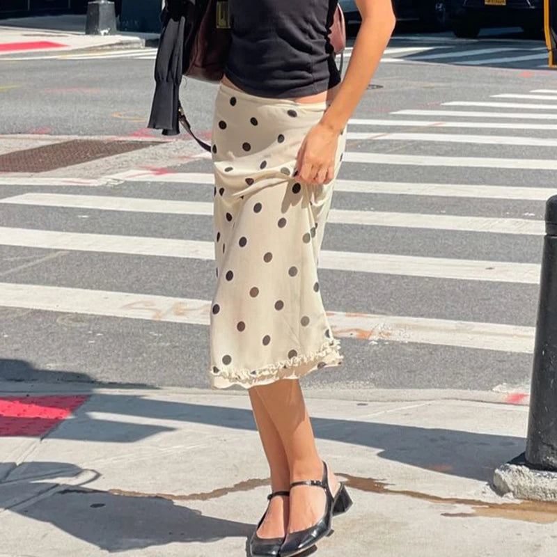 Aiertu  -  Polka Dot Elegant Mid Skirt Women High Street Fashion Spring Summer Long Skirts Casual Ladies Vintage 90s Outfits Aiertu