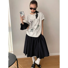 Aiertu  -  Summer new Korean loose letter printing lace bow decoration loose round neck short-sleeved T-shirt Aiertu