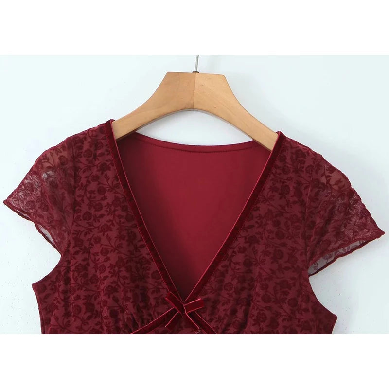 Aiertu  -  Summer Women Short Sleeve Bow V Neck A-line Mini Dress Lady High Waist Hem Ruffle Floral Wine Red Dresses Vintage Robe Aiertu