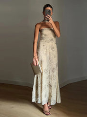 Aiertu  -  Scarf Ribbon Beaded Top Vest Half Skirt Women Set Halter Strap Slimming Sequin Strapless Blouse Wrap Hip Long Skirts Suit Gown Aiertu