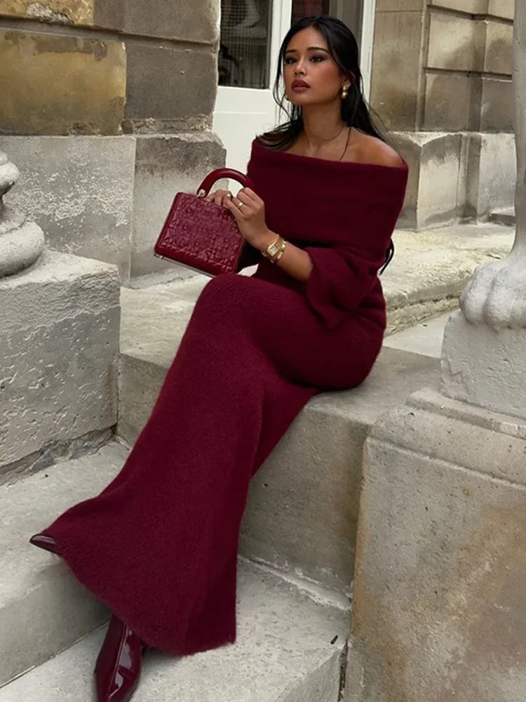 Aiertu       -  Off Shoulder Long Sleeve Knitted Maxi Dress Women Solid Fashion Backless Bodycon Vestidos 2026 New Lady Party Streetwear Aiertu