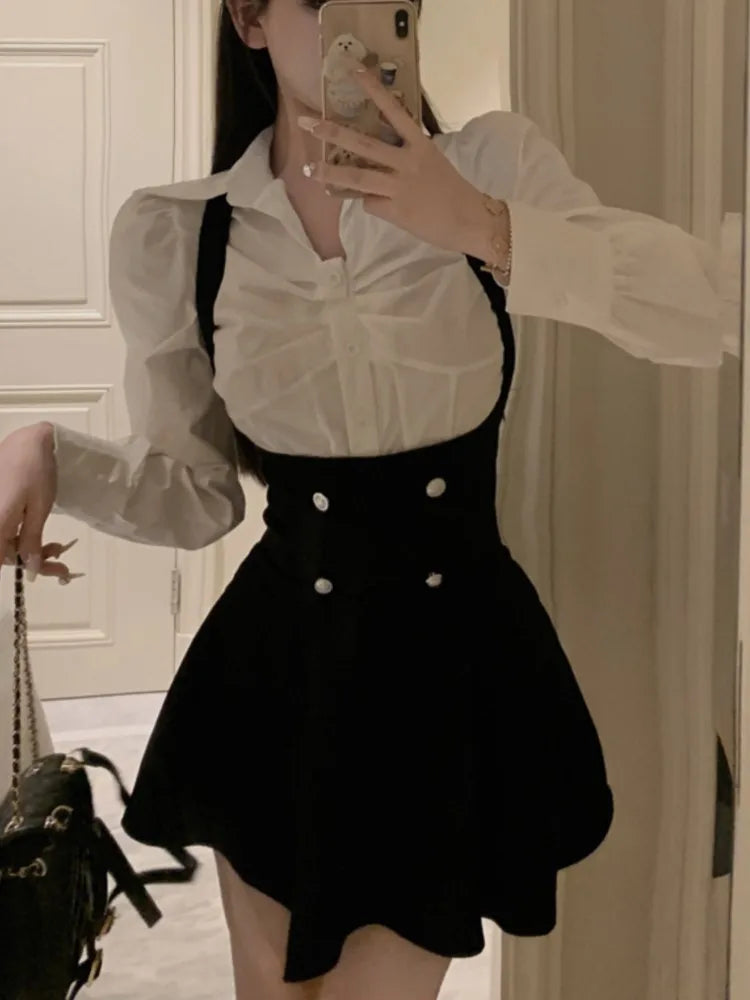 Aiertu 2025 spring fashion trend Korean Women Cropped Coat Long Sleeve Shirt High Waist Halter Ruffles Mini Dress Chic Fashion Sexy Outfits Y2K 3 Piece Set  New Aiertu
