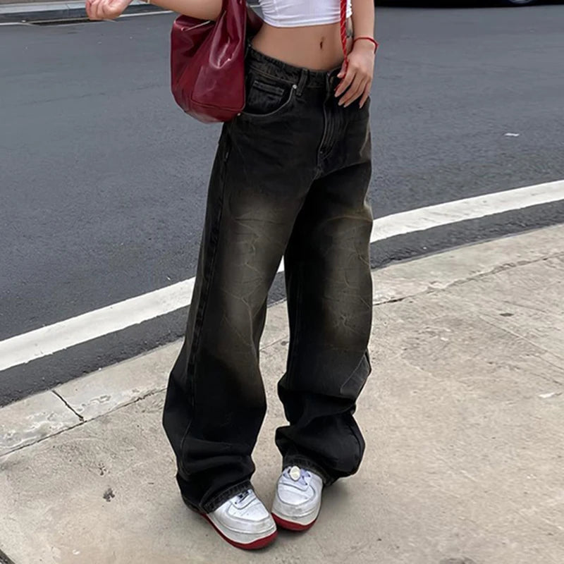 Aiertu Low Waist Jeans for Women Goth Y2k Style Baggy Jeans Punk New Jeans Wide Leg Denim Pants Kpop Casual Loose Streetwear Aiertu