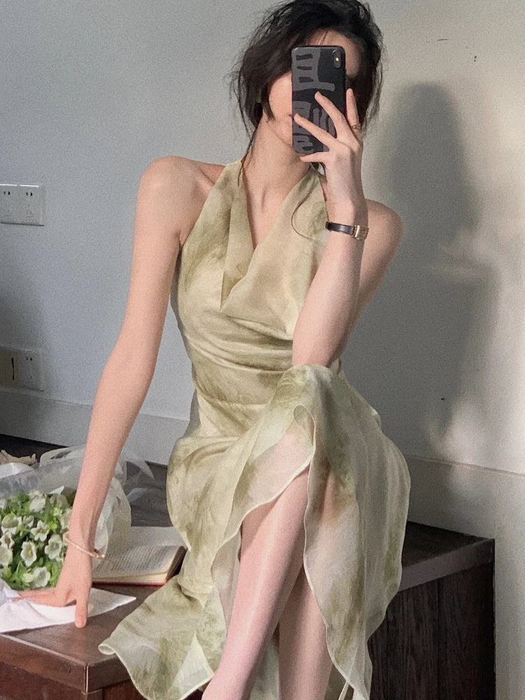 Aiertu Vintage Sexy Sleeveless Neck-mounted Party Maxi Dresses for Women Halter Spaghetti Strap Folds Midi Dress Elegant Fashion Summer Aiertu