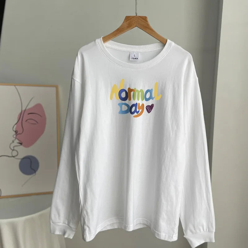 Aiertu  -  Color Letter Print White T-shirt Women 2025 Spring Round Neck Long Sleeve Cotton Tee Shirts Casual Loose Fashion T Shirt Tops Aiertu