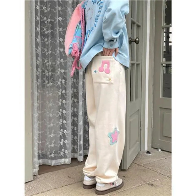 Aiertu  -  Star Note Embroidery Japanese Sweet Girl Soft Trousers Students High Waisted Summer Thin Loose Casual Sports Wide Leg Long Pants Aiertu
