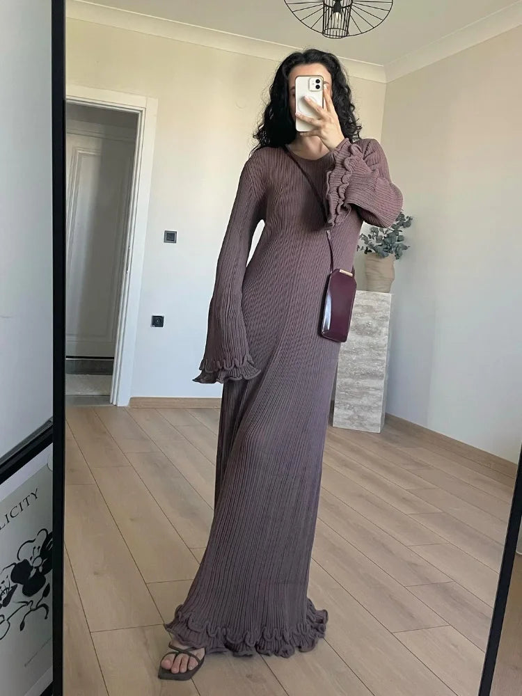 Aiertu  -  Fashion Flared Sleeves Lace Hem Maxi Dress Lady Elegant Solid Back Lace Up Long Dress Female Casual Streetwear Club Party Robes Aiertu
