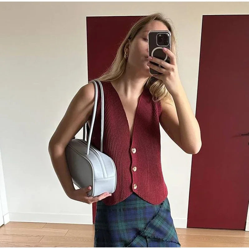 Aiertu  -  Casual Knit Crochet Vest Women Loose V-neck Single Breasted Sleeveless Waistcoat 2026 Autumn New Lady All Match Top Streetwear Aiertu