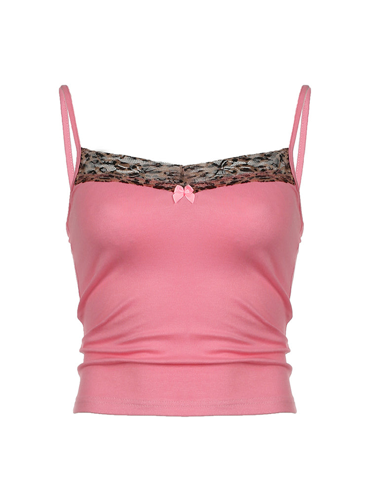 Aiertu - summer inspo Hot Pink Sweet Cute Camisole Leopard Contrast Patchwork Y2K Crop Top For Women Sleeveless Slim Kawaii 2000s Tank Vest Aiertu