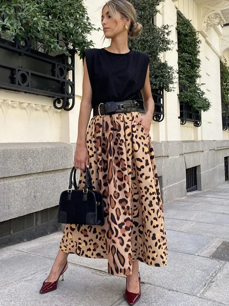 Aiertu  -  Leopard Print Elegant Big Swing Midi Skirt Women Fashion Streetwear A-line Skirt High Waist Vintage Vacation Skirt Aiertu