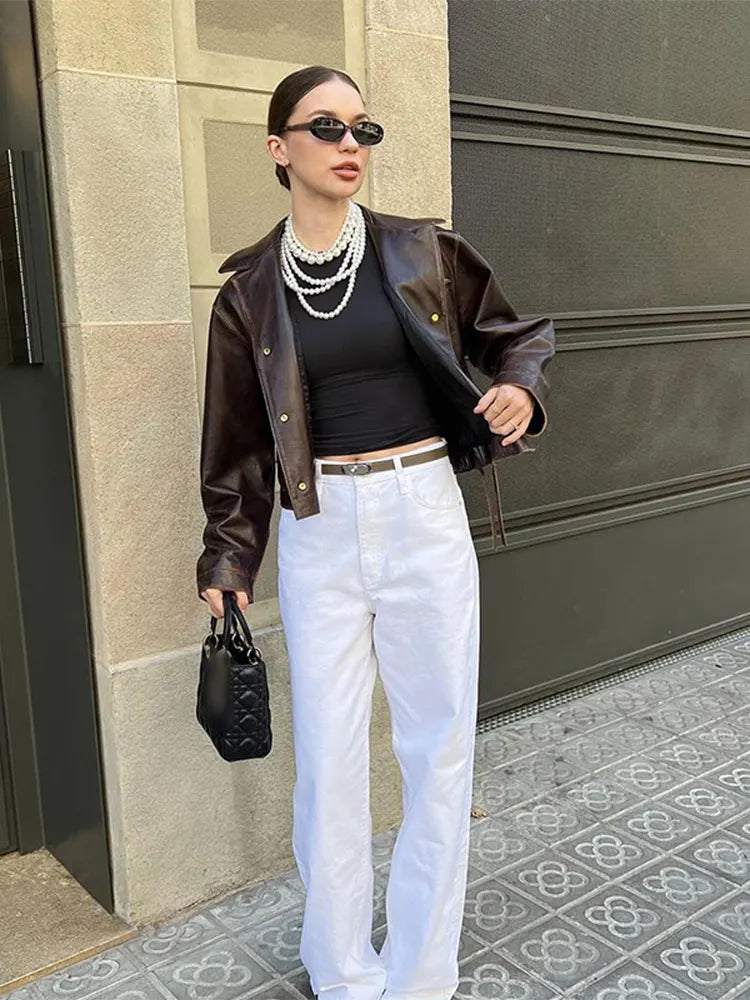 Aiertu  -  Fashion Pu Leather Brown Lapel Jacket Casual Long Sleeve Single Breasted Office Coat 2026 Autumn Chic High Street Lady Outwears Aiertu