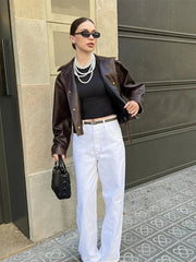 Aiertu  -  Fashion Pu Leather Brown Lapel Jacket Casual Long Sleeve Single Breasted Office Coat 2026 Autumn Chic High Street Lady Outwears Aiertu