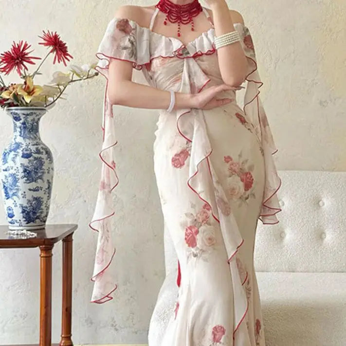 Aiertu  -  Women Off Shoulder Ruffle Maxi Dress Elegant Floral Print Slim Fit Long Dress Vintage Fairy Style Summer Party Dress 2025 New Aiertu