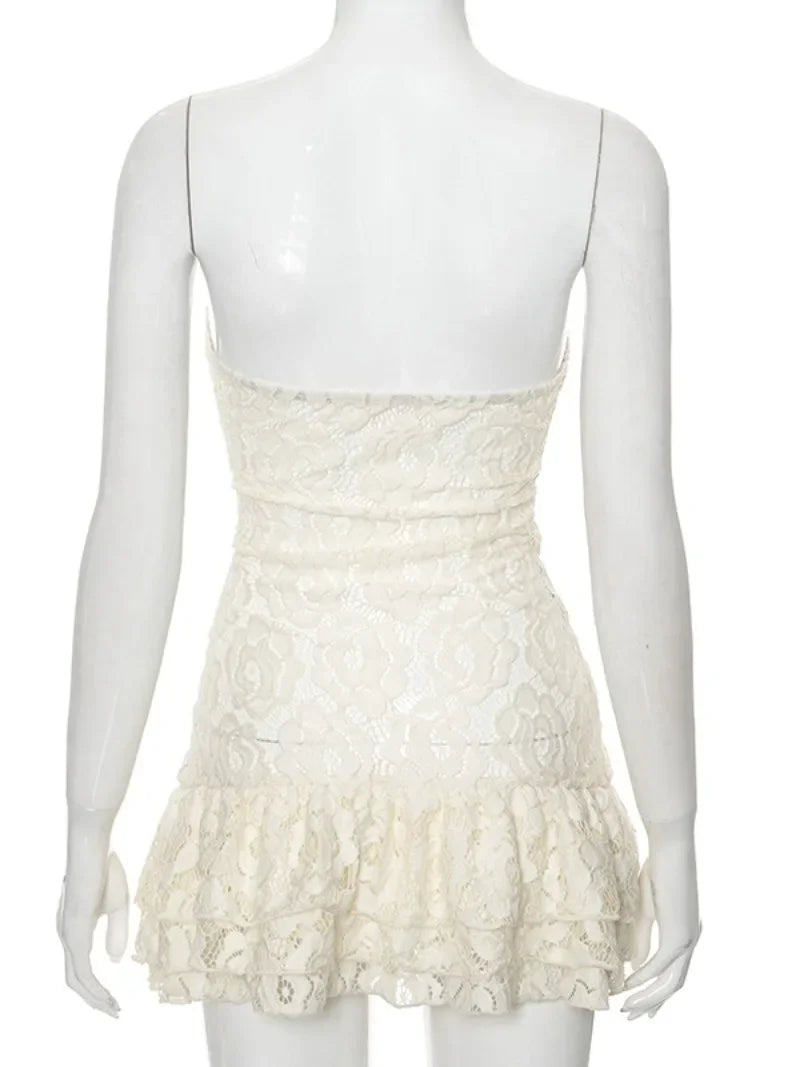 Aiertu  -  Sexy Women's Yellow Lace Dress Fashion Strapless Hollow Out See-through Backless Bodycon Ruffles Mini Dresses Party Streetwear Aiertu