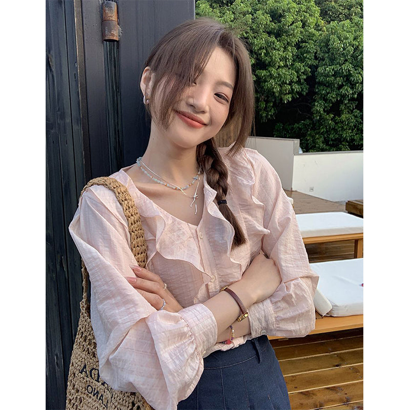 Aiertu Sweet Ruffles Shirts Women Korean Pink V Neck Long Sleeve Blouses Summer Ladies Fashion Elegant Loose Casual Chic Tops New Aiertu