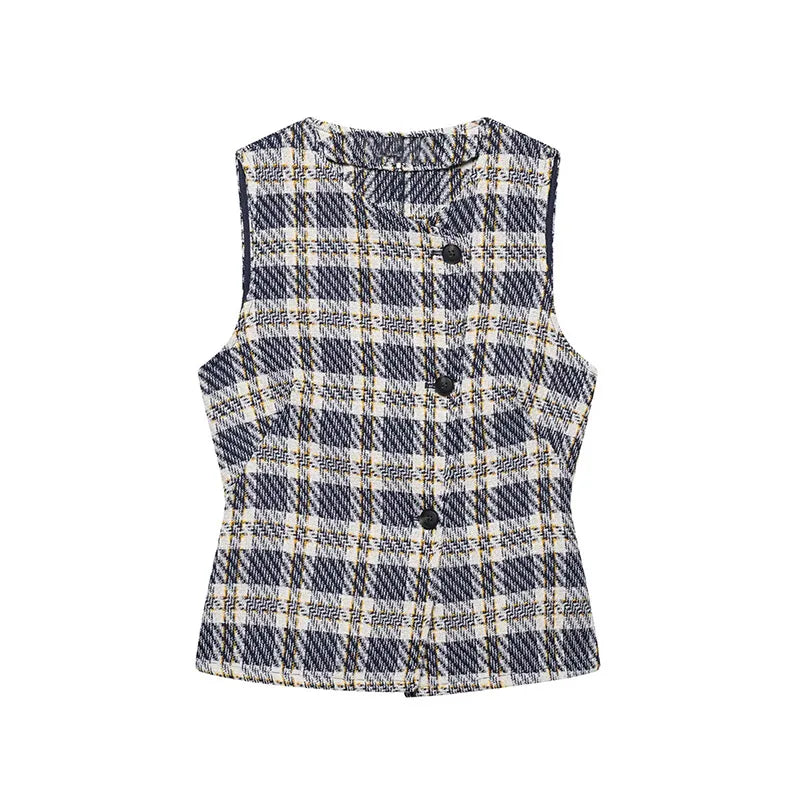 Aiertu  -  Sweet Plaid Sleeveless Mini Dress Set Women Two Piece Set Single Breasted Waist Slim A-line Dresses Casual Chic Female Outfit Aiertu