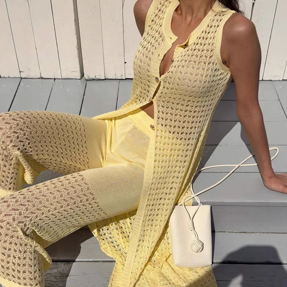 Aiertu  -  Knit Vest Cardigan Beach Dress Long Pants 2 Pieces Sets For Women Hollow Out Sexy See Through Cardigan Long Pants Sets Aiertu