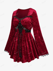 Aiertu  -  Plus Size Velvet Top Deep Red T-shirt Grommets Buckle Lace-up Rivet Lace Trim Flare Sleeve Tee For Women  New Arrive Aiertu