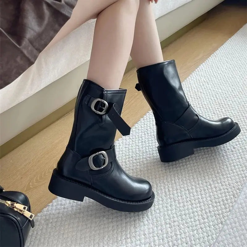Aiertu    -  Black Ankle Boots For Woman Round Toe Chunky Heels Short Shoes Comforts Platforms Boots Belt Buckle Fall Shoes Botas De Mujer Aiertu