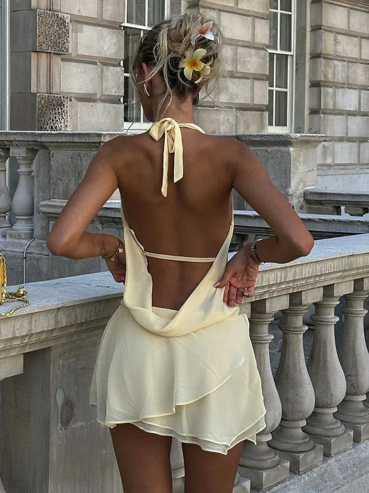 Aiertu  -  Draped Sexy Backless Halter Mini Dress Women's Elegant See Through Deep V Neck Lace Up Mesh Holiday Beach Female Dress Aiertu