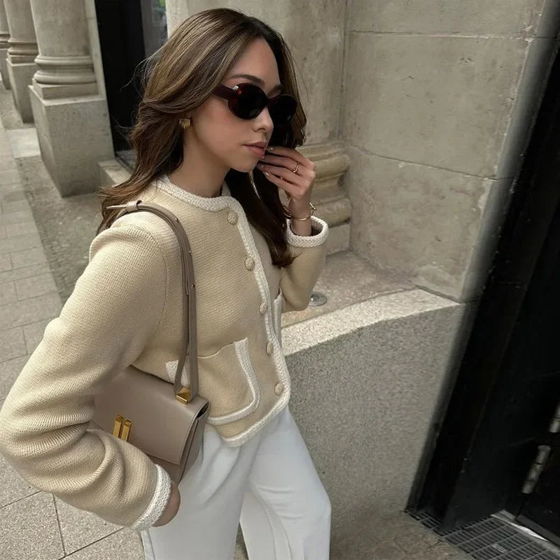 Aiertu  -  Slim Patchwork Short Coats Women Contrast O-neck Long Sleeve Single Breasted Pockets Jacket 2026 Autumn Lady Elegant Top Outwear Aiertu