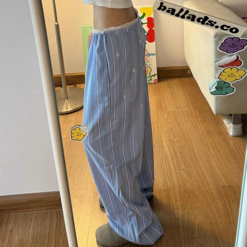 Aiertu  -  Sweet Stripe Lace Patchwork Women Pants Low Waist Drawstring Harajuku Korean Trousers Straight Leg Bottoms Basic New Aiertu