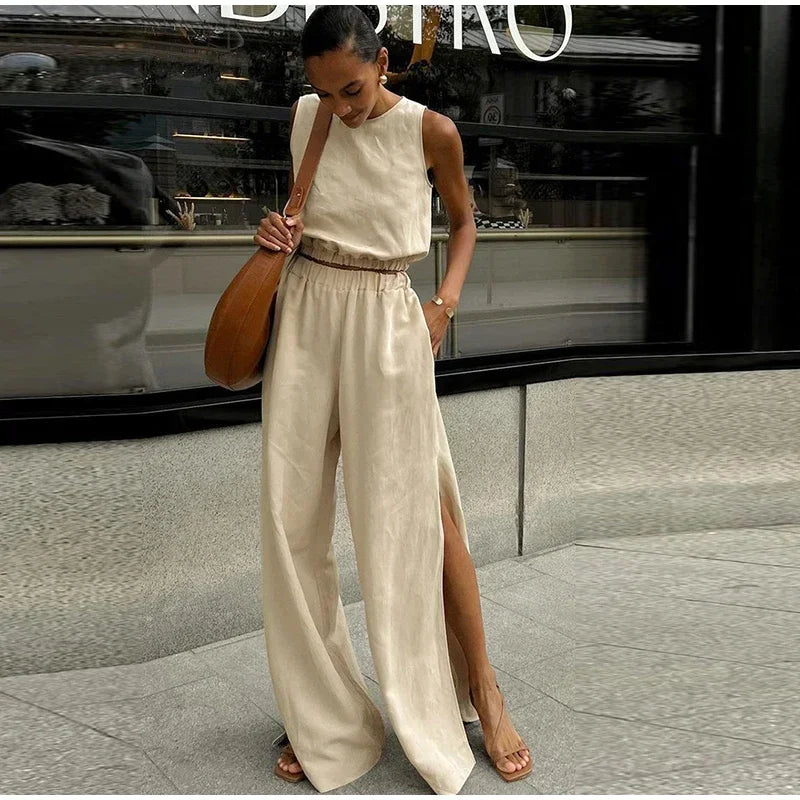 Aiertu  -  Elegant Solid Vest Pants Set Women O-neck Sleeveless Tops High Waist Side Split Trousers 2026 Summer Fashion Lady Office Outfit Aiertu