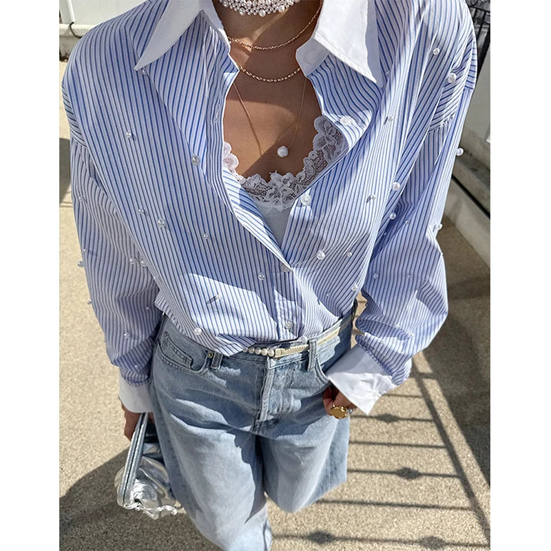 Aiertu  -  Elegant Striped Shirts Women Fashion Beading Patchwork Blouses Office Ladies Korean Oversize Long Sleeve Design Tops New Aiertu