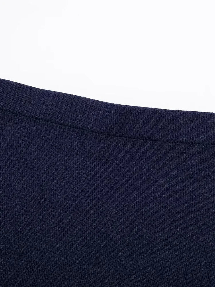 Aiertu  Women Fashion Navy Blue Knitted Straight Mini Skirt Vintage High Elastic Waist Female Chic Lady Skirts Aiertu