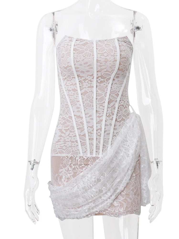 Aiertu  -  Women Lace Half See Through Irregular Pleated Mini Dress Sexy Strapless Backless Wrap Waist Short Robe Female Night Club Vestido Aiertu