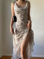 Aiertu  French Chic Elegant Flower Print Women Dress Lace Trim Ruched Slim Long Dress Summer New Clothes Aiertu